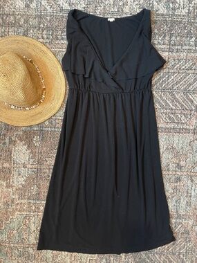 J.Crew Black Midi Dress Size S Ruffle Front Sleeveless Jersey Knit Casual